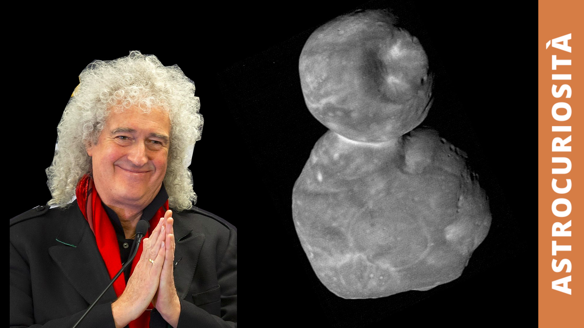 Copertina per la curiosita` di gennaio 2025 - A sinistra il chitarrista ed astronomo Brian May, a destra l'asteroide Ultima Thule - Arrokoth