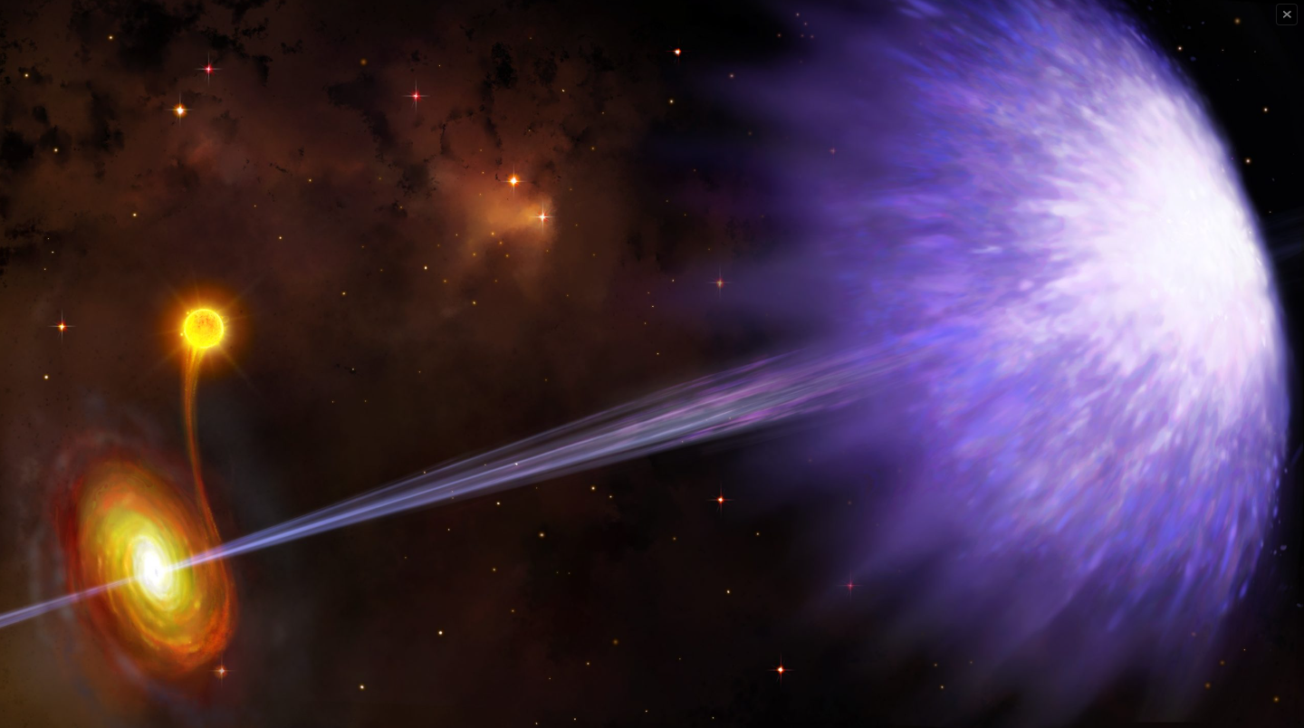 Rappresentazione artistica dell’emissione d’un getto da un buco nero di massa stellare e della relativa onda d’urto. Crediti: Danielle Futserlaar/Sron
