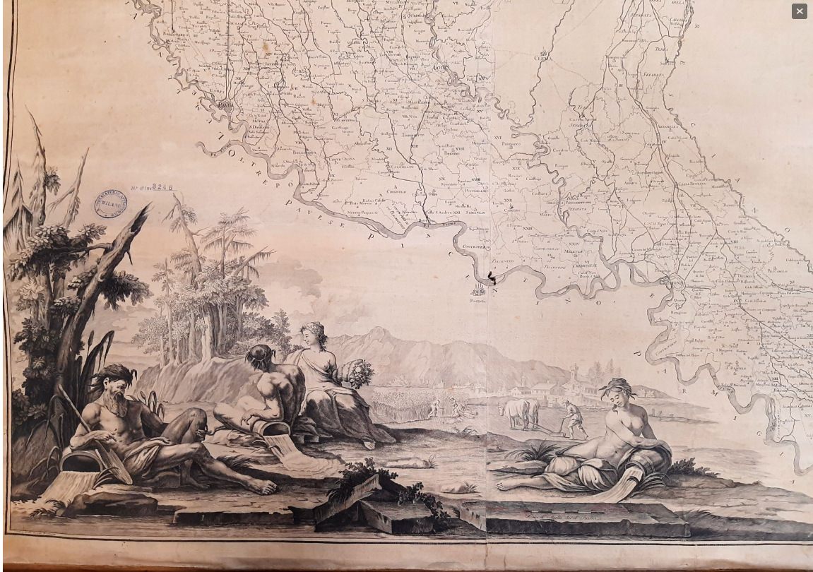 Stato di Milano, 1777: ai piedi della carta, in primo piano, una scena bucolica di svago campestre ma, più in profondità, il duro lavoro nei campi