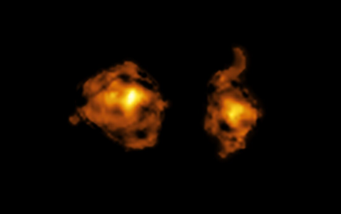 This image, taken with the Atacama Large Millimeter/submillimeter Array (ALMA), shows the molecular gas content of two galaxies involved in a cosmic collision. The one on the right hosts a quasar –– a supermassive black hole that is accreting material from its surroundings and releasing intense radiation directly into the other galaxy - Credit: ALMA (ESO/NAOJ/NRAO)/S. Balashev and P. Noterdaeme et al.
