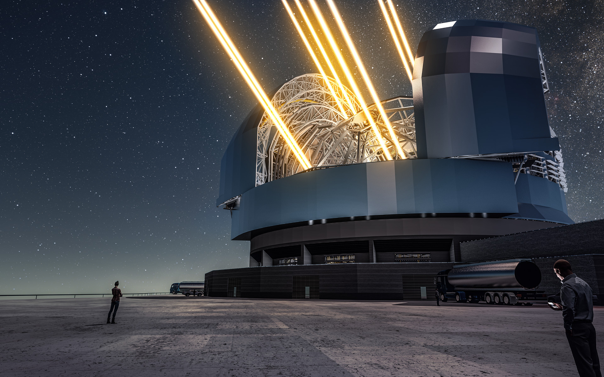 RSN5 - This artist’s rendering shows a night view of the Extremely Large Telescope in operation on Cerro Armazones in northern Chile. The telescope is shown using lasers to create artificial stars high in the atmosphere. The first stone ceremony for the telescope was attended by the President of Chile, Michelle Bachelet Jeria, on 26 May 2017.