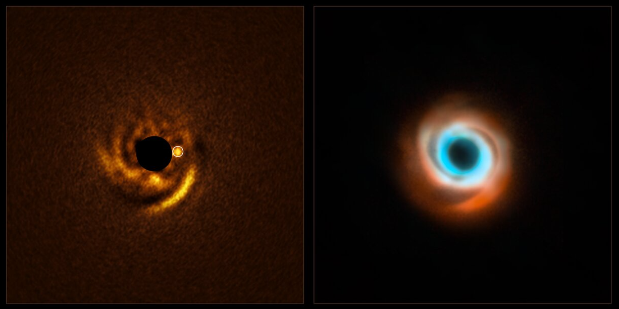 L'immagine a sinistra, acquisita con il Very Large Telescope (VLT) dell'ESO, mostra un possibile pianeta in formazione attorno alla giovane stella HD 135344B. Questa stella, situata a circa 440 anni luce di distanza, è circondata da un disco di polvere e gas con prominenti bracci a spirale. La teoria prevede che i pianeti possano scolpire bracci a spirale come questi, e il nuovo candidato pianeta si trova alla base di uno di essi, proprio come previsto. L'immagine è stata acquisita con un nuovo strumento del VLT: l'Enhanced Resolution Imager and Spectrograph (ERIS). Il cerchio nero centrale corrisponde a un coronografo, un dispositivo che blocca la luce della stella per rivelare deboli dettagli circostanti. Il cerchio bianco indica la posizione del pianeta. L'immagine a destra è una combinazione di osservazioni precedenti effettuate con lo strumento SPHERE, anch'esso installato al VLT (rosso), e con l'Atacama Large Millimeter/submillimeter Array (ALMA, arancione e blu). Questi e altri studi precedenti su HD 135344B non hanno trovato tracce di una compagna, ma ERIS potrebbe aver finalmente svelato il colpevole responsabile del disco a spirale della stella - Crediti: ESO/F. Maio et al./T. Stolker et al./ ALMA (ESO/NAOJ/NRAO)/N. van der Marel et al.
