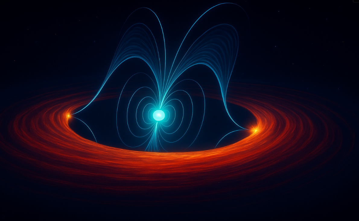 Rappresentazione artistica delle regioni centrali del sistema PSR J1023+0038, che mostra la pulsar, il disco di accrescimento interno e il vento della pulsar. Crediti: Marco Maria Messa (Università di Milano e INAF) e Maria Cristina Baglio (INAF)