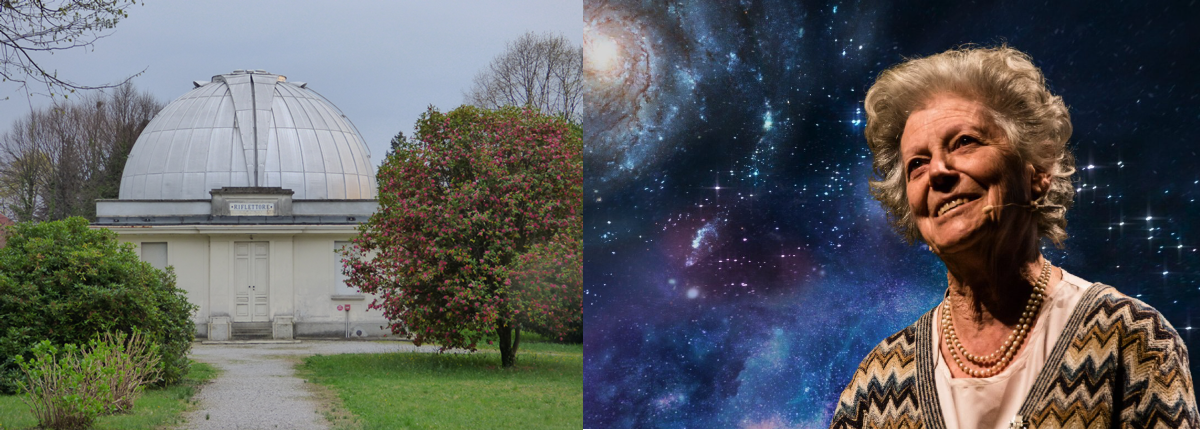 A sinistra la cupola che ospita il telescopio Zeiss dell'INAF-Osservatorio Astronomico di Brera nella sua sede di Merate - A destra l'ingegnera e filantropa Amalia Ercoli Finzi prima donna in italia a laurearsi in ingegneria aeronautica.
