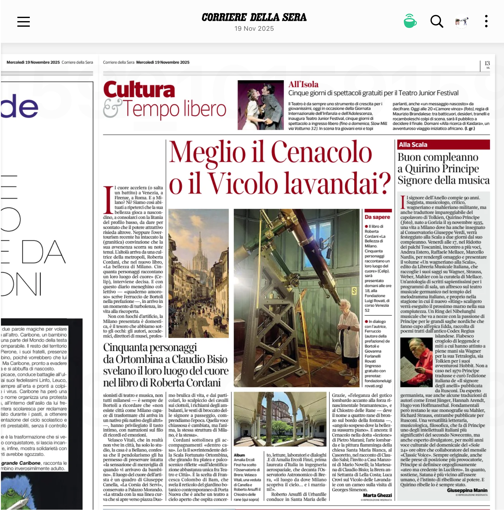 Luogi del cuore - Articolo sul corriere della sera del 19/11/2025