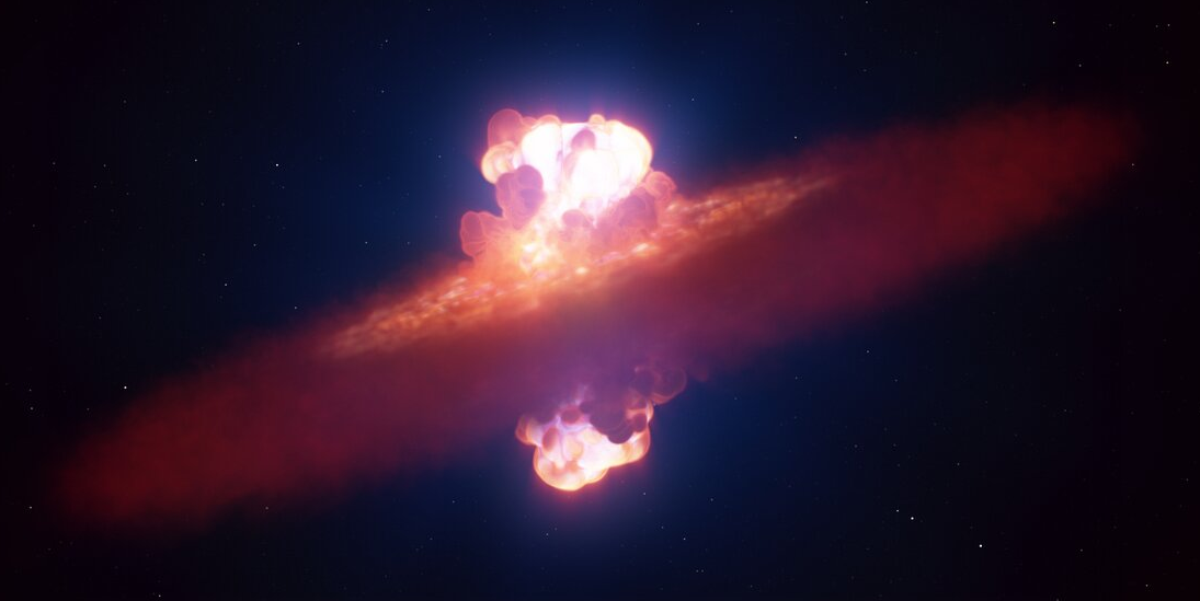 Questa rappresentazione artistica mostra una stella che esplode in supernova. A circa 22 milioni di anni luce di distanza, la supernova, SN 2024ggi, è esplosa nella galassia NGC 3621. Utilizzando il Very Large Telescope dell'ESO, gli astronomi sono riusciti a catturare la fase iniziale della supernova, quando l'esplosione stava sfondando la superficie della stella. Osservare l'esplosione così presto – 26 ore dopo la prima individuazione della supernova – ha rivelato la sua vera forma. La supernova è esplosa con una forma simile a un'oliva. Questa è la prima osservazione in assoluto della forma di un'esplosione di supernova in questa fase iniziale - Crediti: ESO/L. Calçada