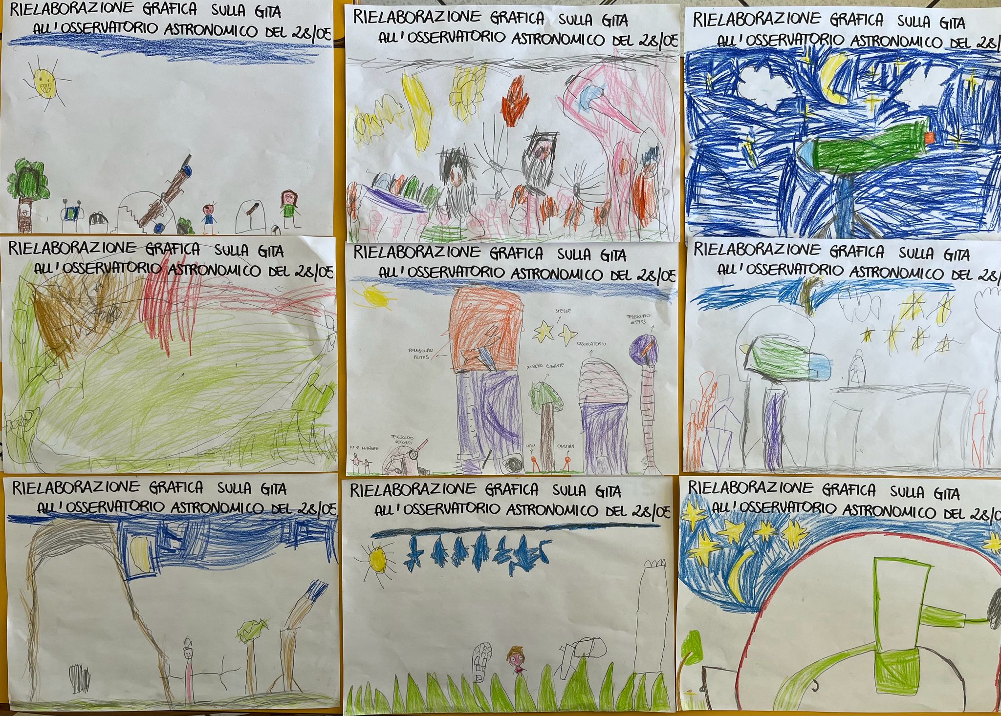 I disegni delle bambine e dei bambini dell'infanzia di Cernusco Lombardone con cui e` stata rielaborata la giornata passata in osservatorio il 28 maggio 2026. Accompagnatrice della giornata la nostra ricercatrice Laura Proserpio.