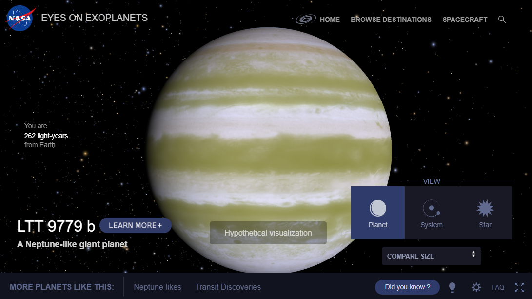 Scheda dedicata all’esopianeta Ltt 9779 b sul sito Eyes on Exoplanets della Nasa (cliccare per accedere alla versione interattiva). Crediti: Nasa