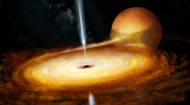 Rappresentazione artistica del buco nero Maxi J1820+070. Crediti: John Paice - Articolo con co-autroce Sara Motta
